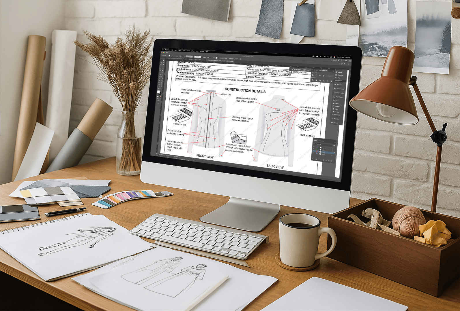 Tech pack for fashion production displayed on a designer's screen