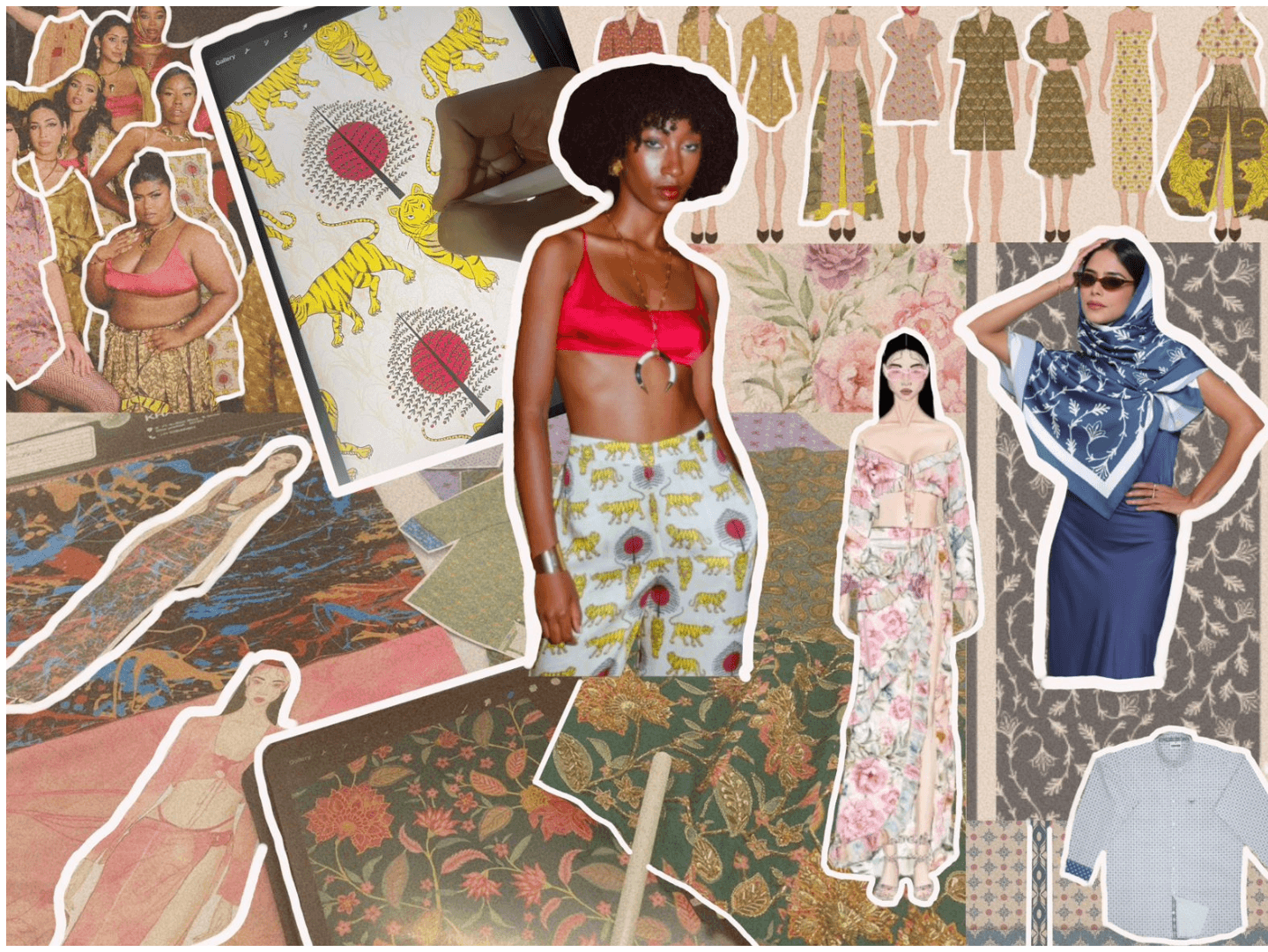 Print and pattern design collage showcasing motifs and garment applications