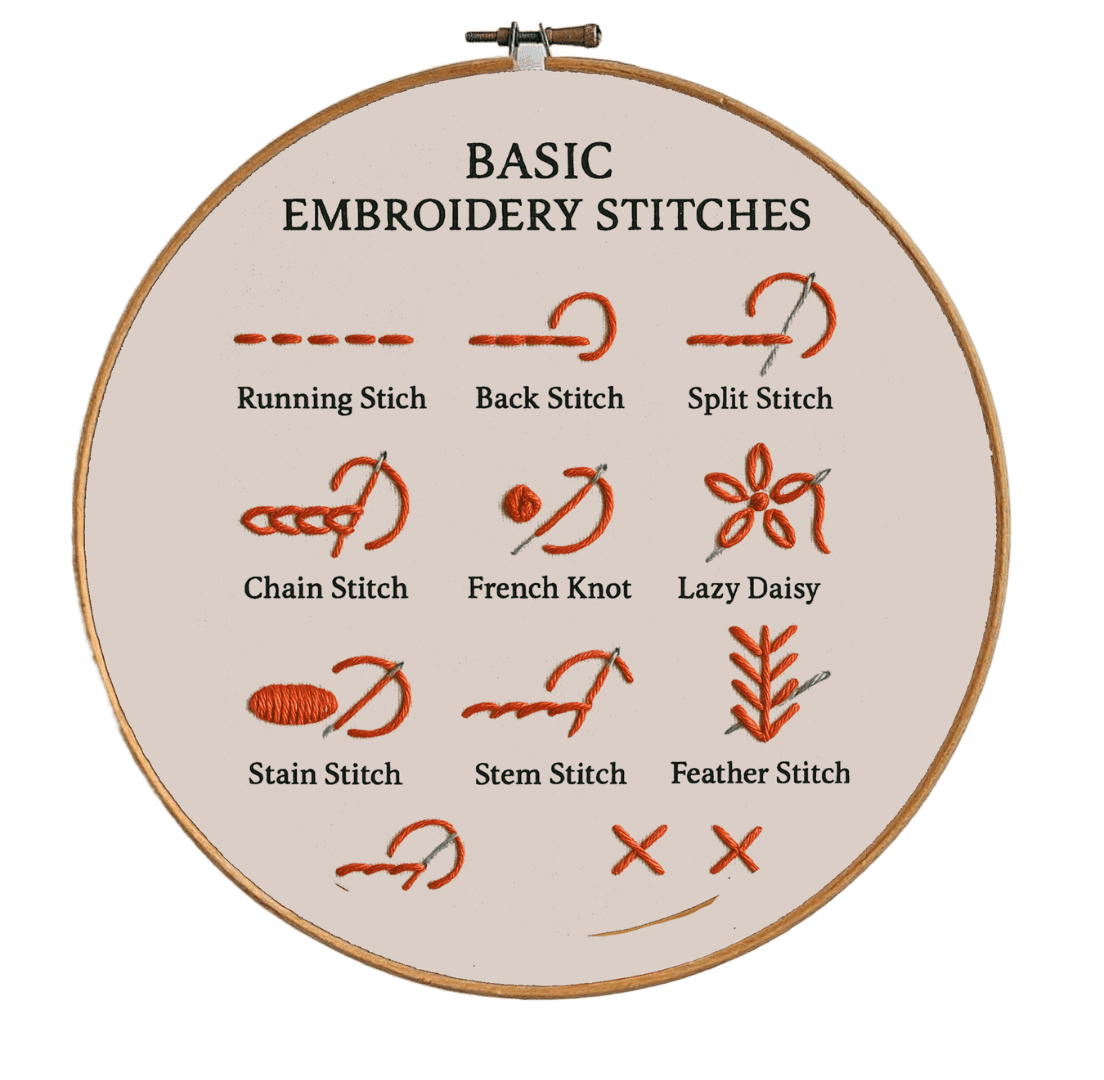 Detailed hand embroidery sample - Basic embroidery stitches