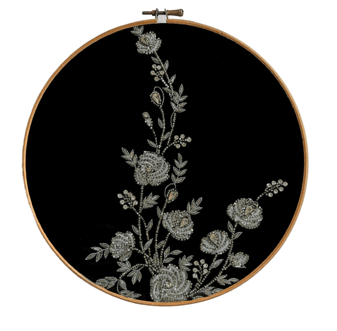 Handcrafted Silver Floral Embroidery Art