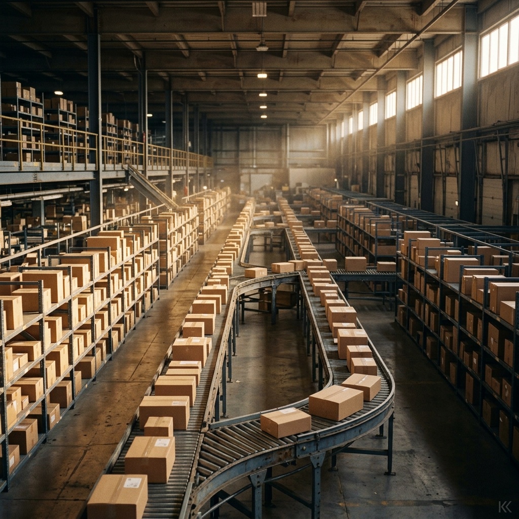 Inside a US fulfillment warehouse at golden hour — long rows of kraft-brown parcels on a conveyor and steel shelving receding into soft depth, dust catching low directional light. No people, no readable labels or logos.