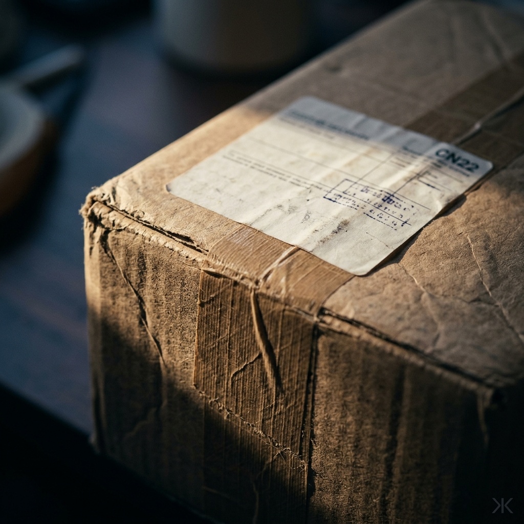 Extreme macro of a single kraft-paper parcel corner with a blank customs declaration label and stamped ink marks, shallow depth of field, one hard shaft of side light raking across the paper and packing tape. No readable text or brand marks.