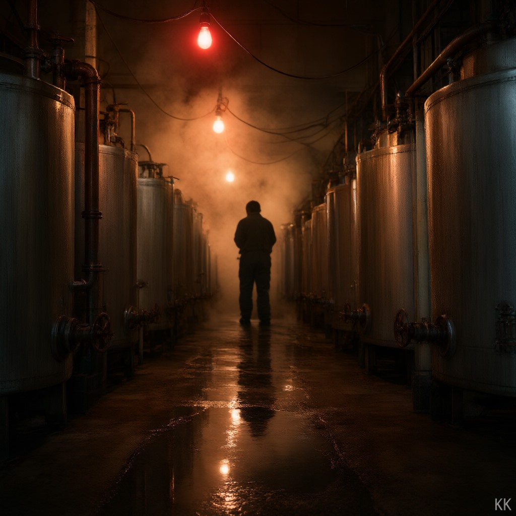 A textile dye house at night — steel dye vats, drifting steam and warm tungsten light, a worker's back in silhouette at the far end — the process records here are part of the evidence chain a fashion brand's EU compliance manufacturer has to keep. No faces, no logos, no text.