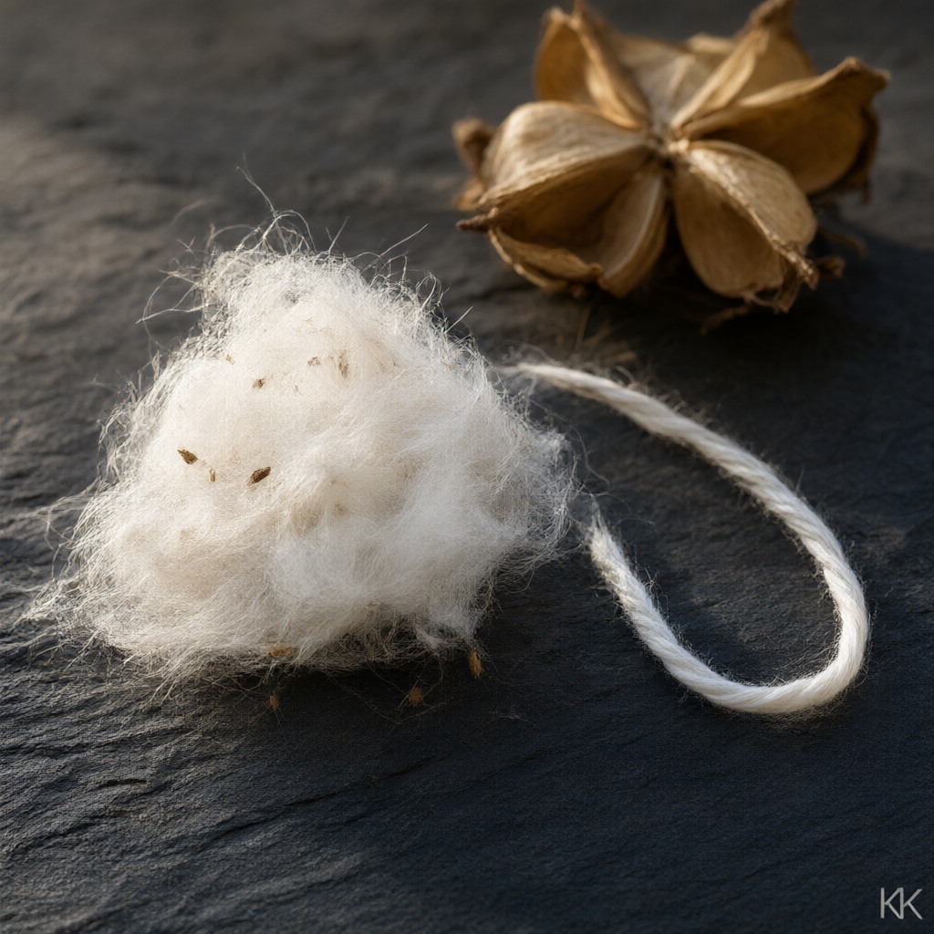 Extreme macro of raw cotton fibre pulled from a boll beside a single strand of spun undyed yarn, on a dark surface under raking light — fibre origin, the first link in the evidence chain a clothing manufacturer with sustainability documentation has to hold. Very shallow depth of field, no text.