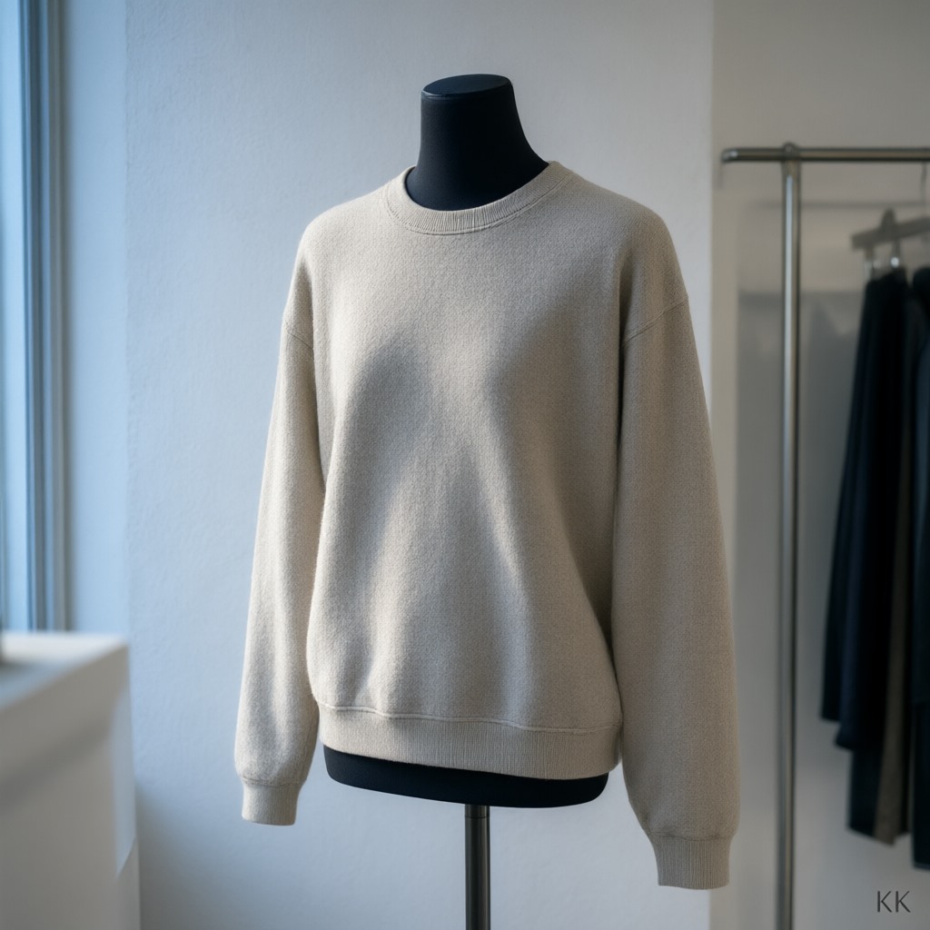 An unbranded oatmeal organic-cotton crewneck on a tailor's form in a white-walled European boutique at blue hour, window light from the left, the shop rail out of focus behind — a garment whose label now has to be provable under the ECGT directive for textiles. No people, no logos, no text.