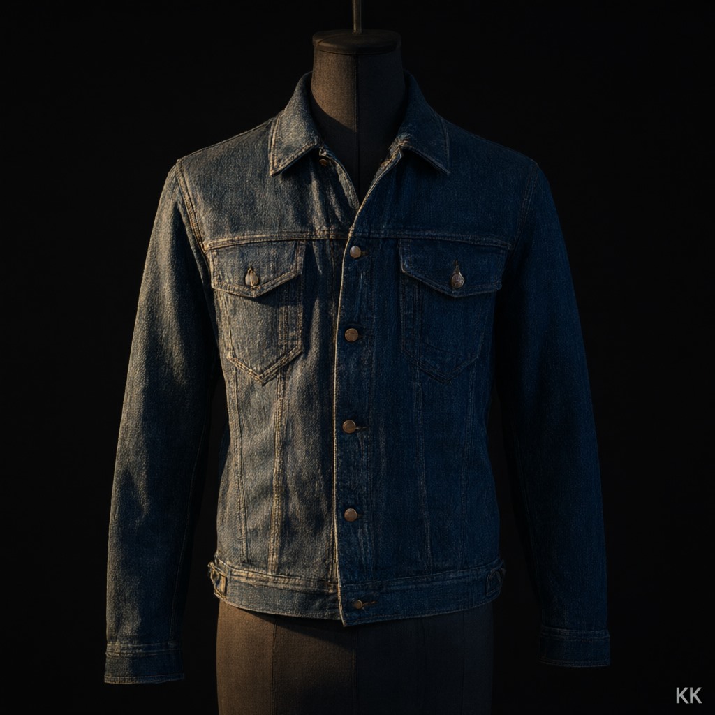 A single unbranded dark-indigo denim trucker jacket on a matte black tailor's form, lit by one hard light from the left so the heavy fabric holds its creases and the copper-toned shank buttons catch a point of light — the evergreen piece in a fall winter 2026 apparel line. Near-black background, no lettering.