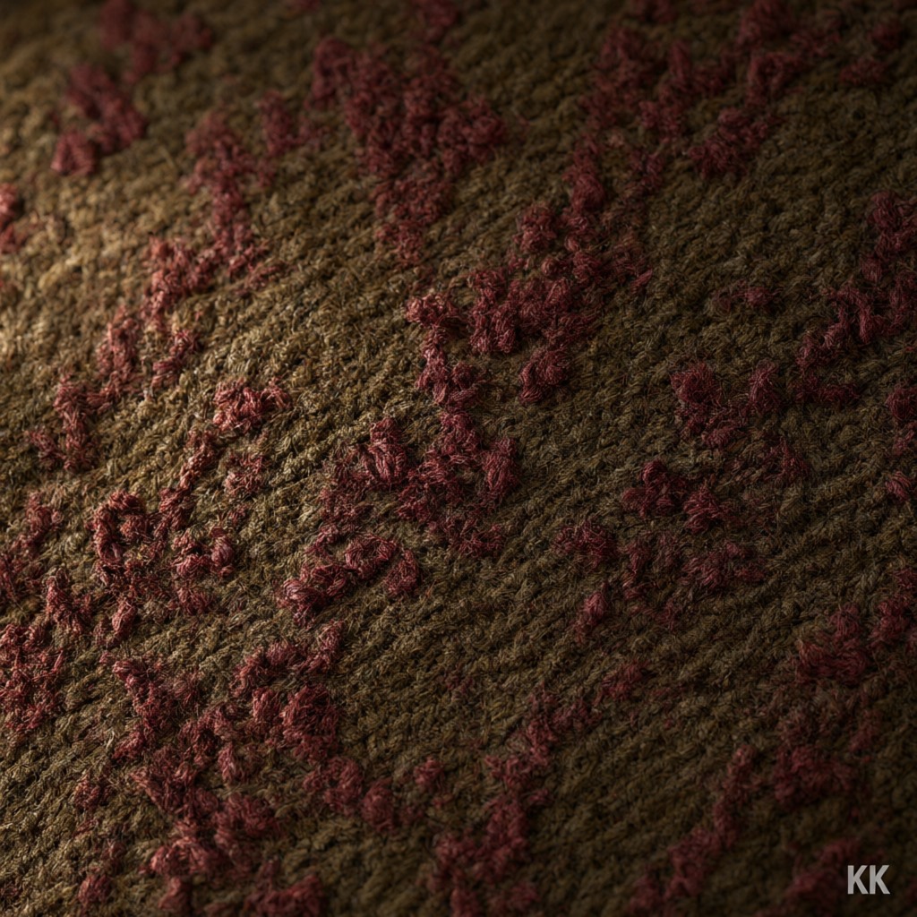 Extreme macro of a yarn-dyed wool jacquard where a burnt-olive ground meets a red-mahogany figure — individual looped bouclé yarns catching raking window light, the weave structure visible thread by thread, fabric trends for clothing brands at the scale of the loom. Very shallow depth of field, no text.