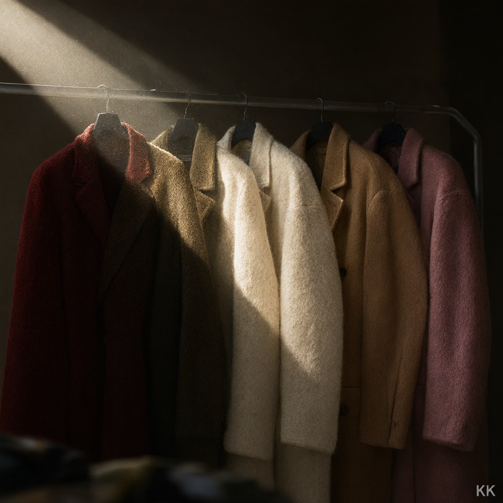 A single shaft of late-afternoon window light falling across a row of wool coats hanging on a plain steel rail — red mahogany, burnt olive, creamy off-white, warm camel and a muted mauve-pink — the colour trends 2026 apparel buyers were shown in February. Deep shadow either side, no people, no labels.