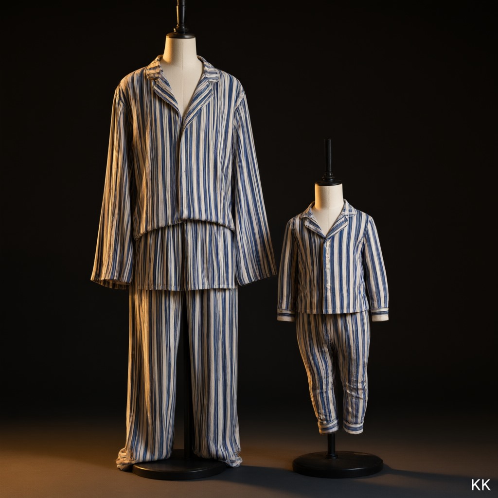 Studio photograph against a near-black backdrop: a full-size adult tailor's form and a toddler-size form side by side in matching navy-and-cream striped pajamas — the adult cut loose, the child's cut snug and tapered at wrist and ankle as the children's sleepwear rule requires. Hard side light, no people, no text.