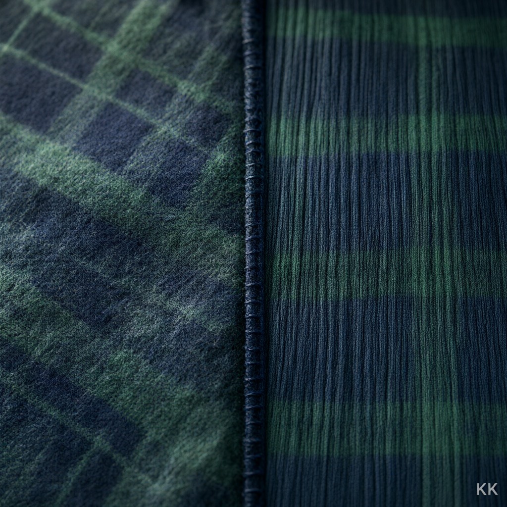 Extreme macro at a seam where two fabrics in the same green-and-navy tartan meet: a brushed cotton flannel with a raised nap on the left, a dense smooth cotton-spandex rib knit on the right — the two fabrics a family pajama set is usually cut from, one for the adults and one for the snug-fit kids clothing production. No text.