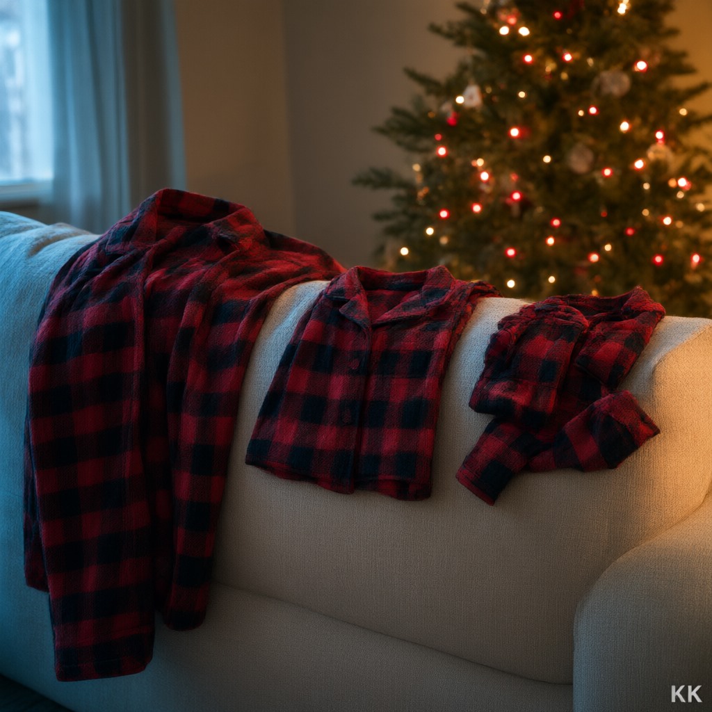 A living room at dawn in December: three matching red-and-black buffalo-plaid flannel pajama sets in adult, child and baby sizes draped over the back of a linen sofa, a lit tree soft-focus behind — the matching family pajamas that anchor most family matching apparel brands. No people.