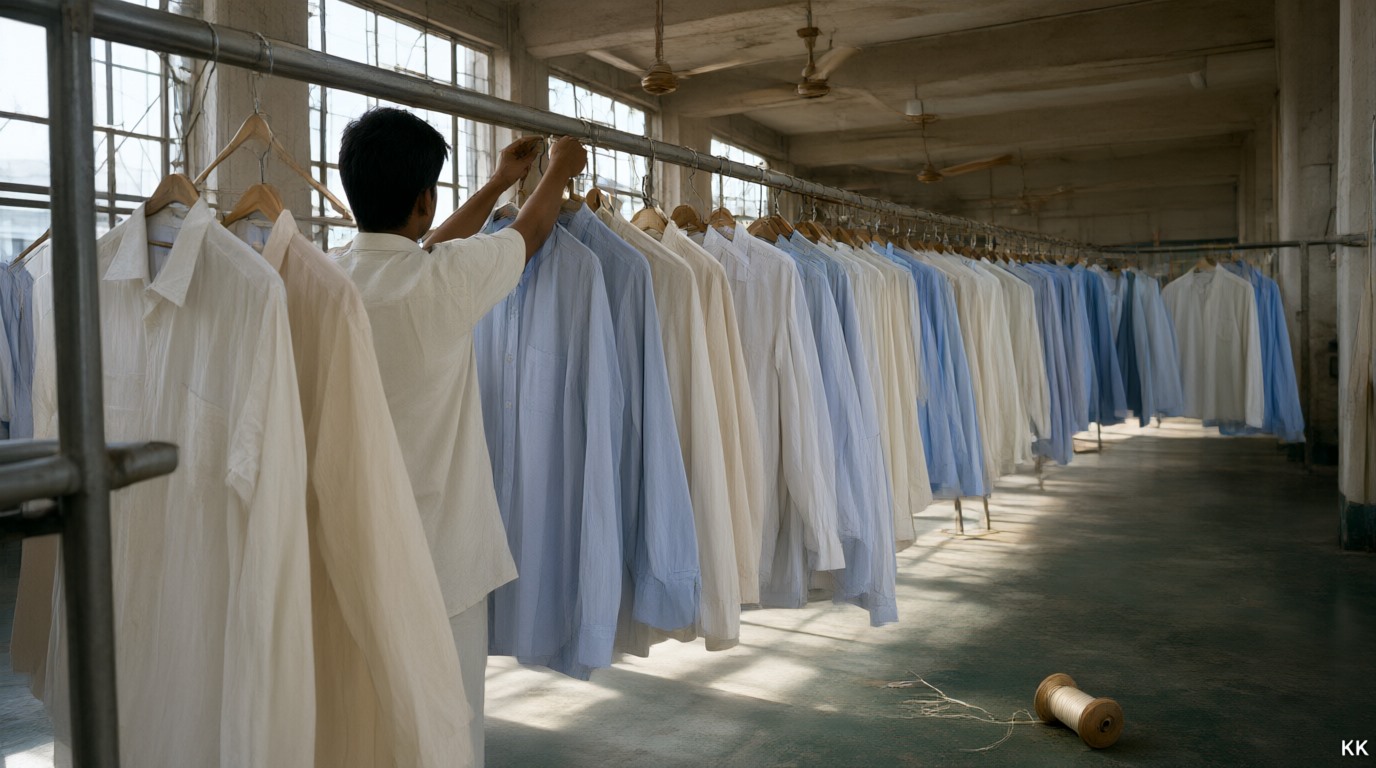 Clothing manufacturing India export floor: a long steel rail of finished unbranded cotton shirts receding down a high-ceilinged concrete finishing hall, a worker's back sliding hangers along the rail under daylight from tall industrial windows.