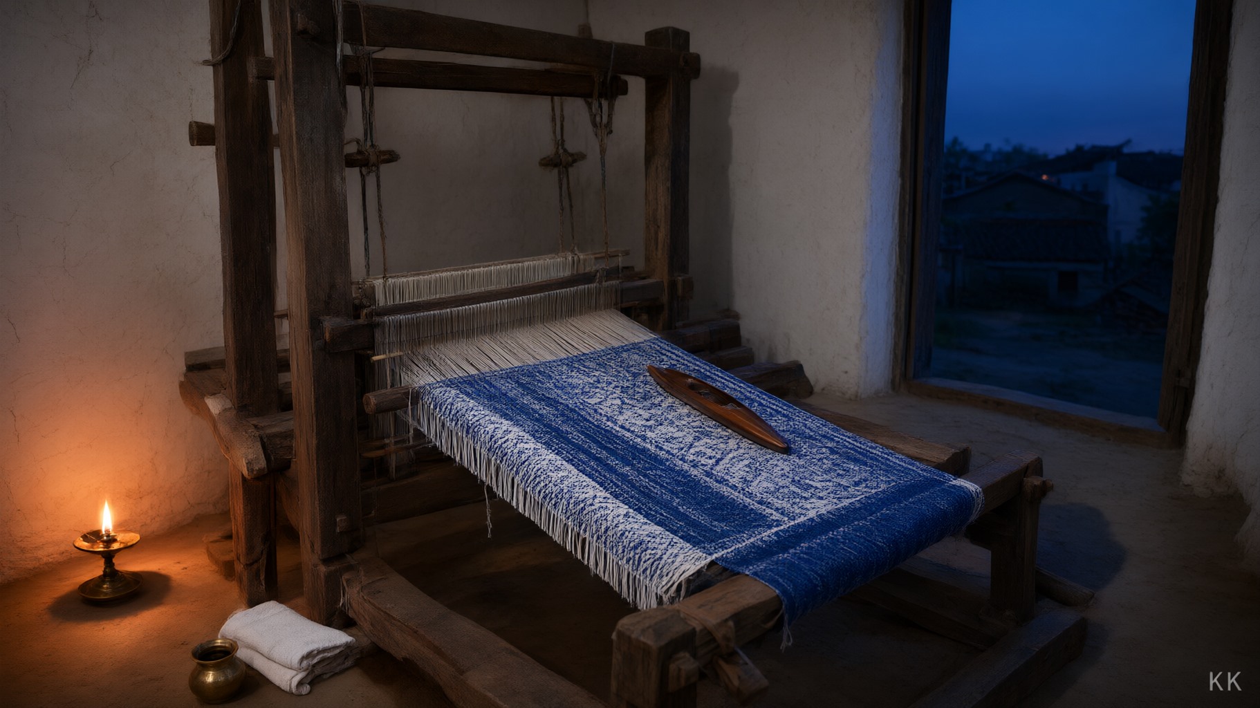An empty wooden handloom at dusk in an Indian village weaving room, a half-woven length of indigo and white handloom cotton on it and the shuttle resting on the cloth, lit by a single warm lamp. No people, no logos.