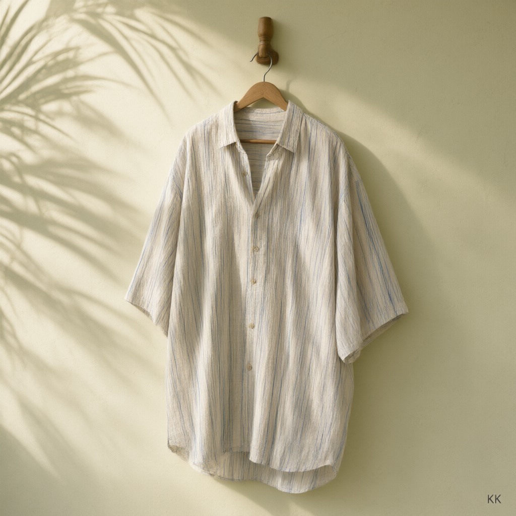An oversized short-sleeve resort shirt in ecru handloom cotton with fine indigo pinstripes, hanging on a wooden hanger against a lime-plastered wall in dappled palm shade: Indian handloom fabric cut for modern US resort wear. No people, no logos.