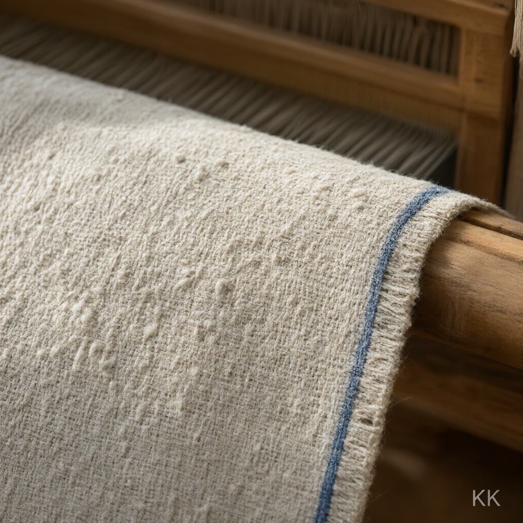 Close-up of the selvedge of freshly hand-woven ecru cotton on the cloth beam of a wooden handloom, showing the slubs and uneven beat that set Indian handloom fabric apart from power-loom cloth. No people, no text.