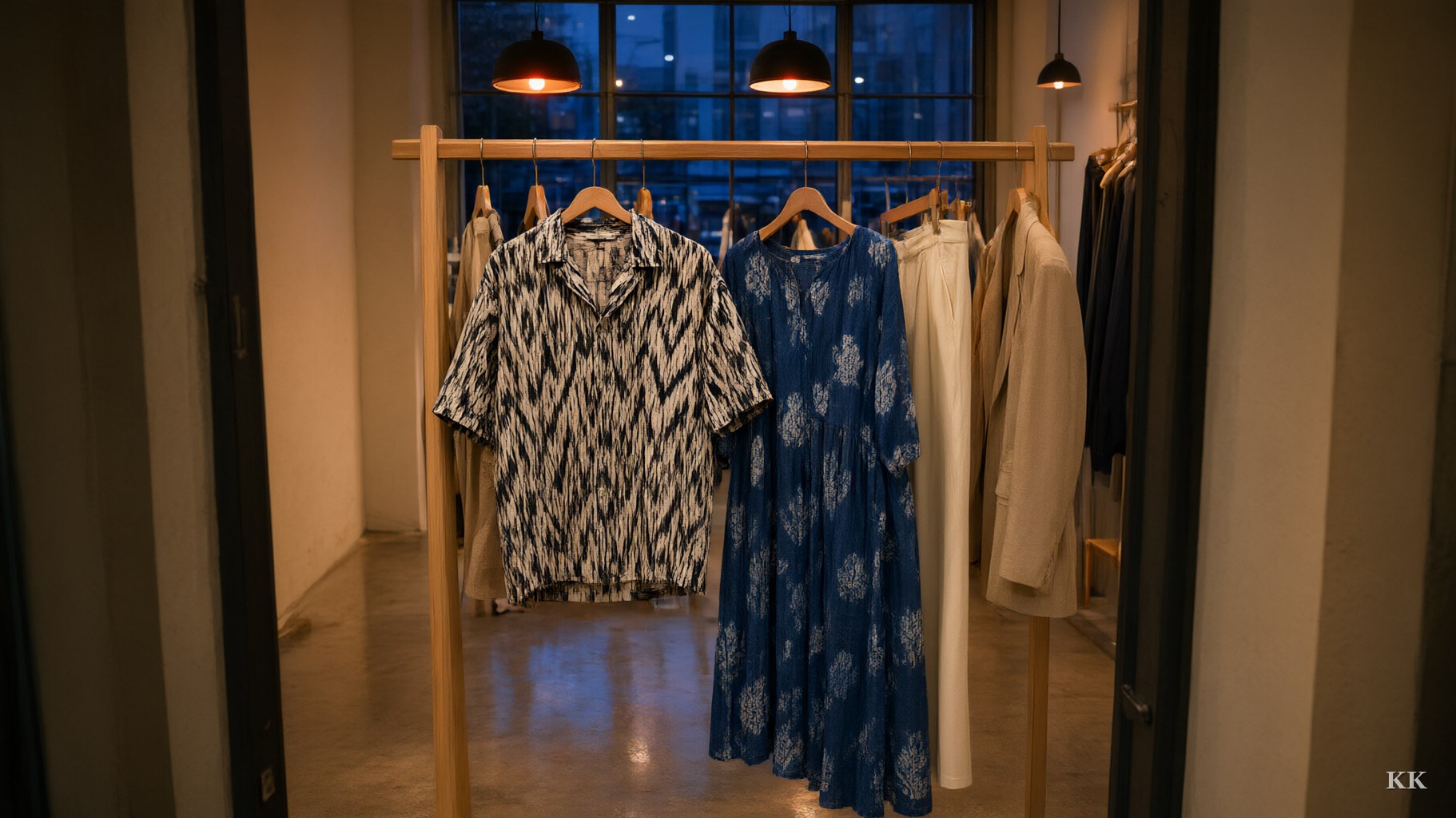 A small US boutique at dusk, a pale oak rail of minimalist clothing that includes a black-and-white ikat camp shirt and an indigo block-printed midi dress under warm pendant lights: Indian craftsmanship on a modern American rail. No people, no logos.