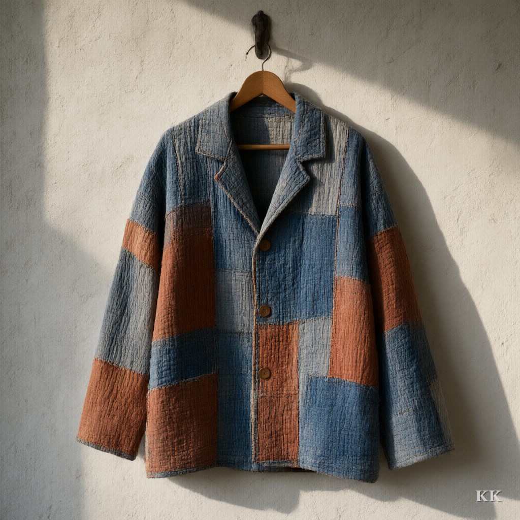 A relaxed, boxy jacket in faded indigo and rust Kantha-quilted cotton patchwork, rows of running stitch rippling its surface, hanging on a wooden hanger against a limewashed wall in hard side light: Indian textile art cut as modern outerwear. No people, no logos.