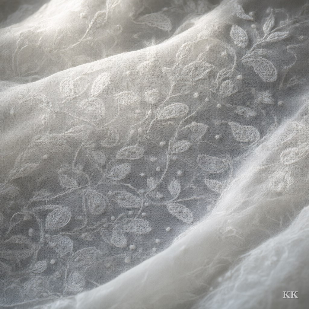 Extreme close-up of white-on-white Chikankari hand embroidery on sheer cotton mulmul, a trellis of shadow-work vines and leaves with tiny raised knots, lit from the side: Indian craftsmanship suited to premium occasionwear. No people, no text.