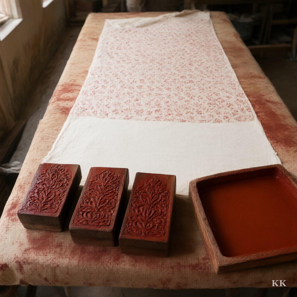 Carved teak printing blocks wet with rust-red dye resting on a padded table beside a half-printed length of off-white cotton in a hand block-printing workshop near Jaipur, one of the traditional Indian textiles crafts open to US brands. No people, no text.