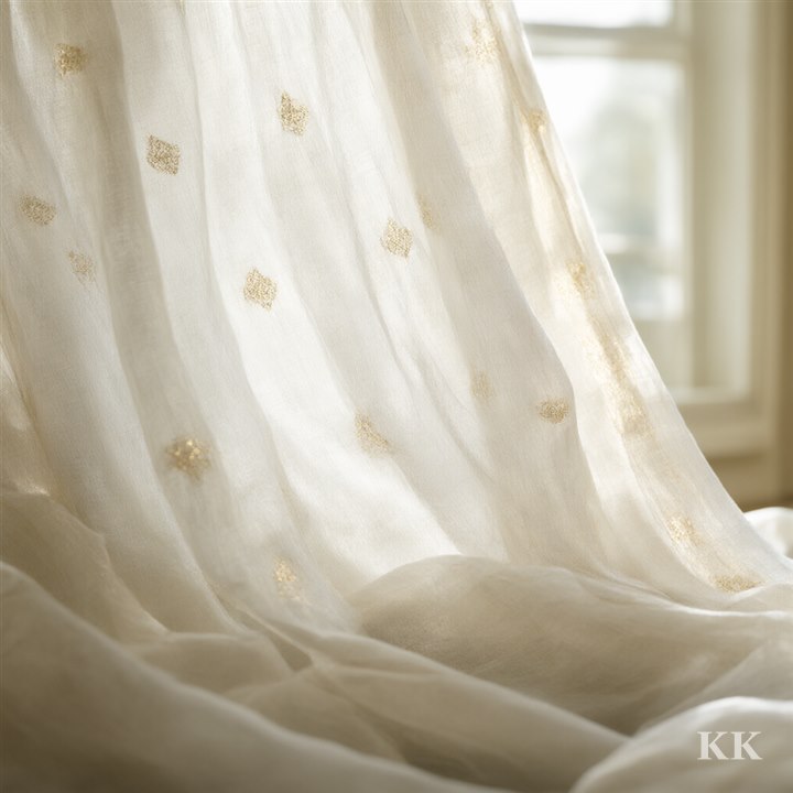 Sheer ivory Chanderi silk-cotton hanging against window light, small gold zari motifs woven into it. No text.
