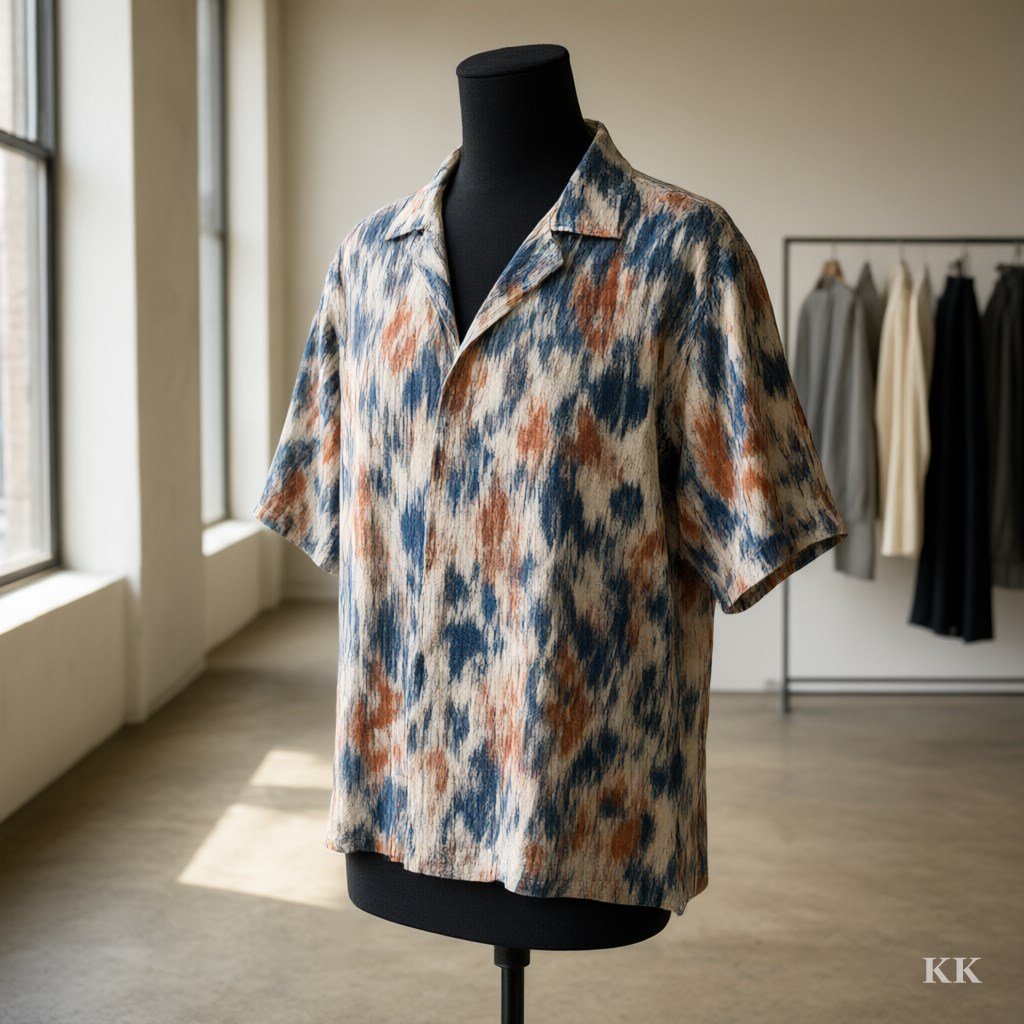 A contemporary camp-collar shirt in indigo and rust ikat handloom cotton on a black dress form in a New York loft studio, window light from the left, showing how Indian textiles work in modern US fashion. No people, no logos.