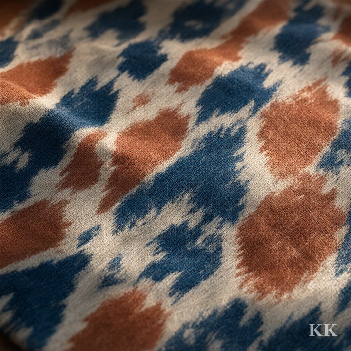 Macro of indigo, rust and cream ikat cotton showing the feathered edges where resist-dyed threads meet. No text.