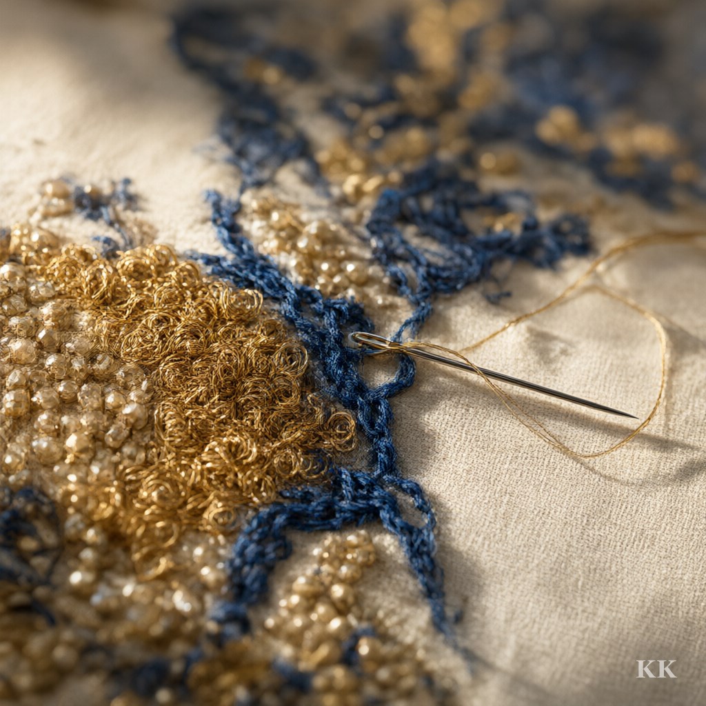 Extreme close-up of hand embroidery on ivory silk: gold zardozi coils, seed beads and indigo chain stitch, the kind of Indian artisan craftsmanship a US designer can place on a single panel of a modern garment. No hands, no text.