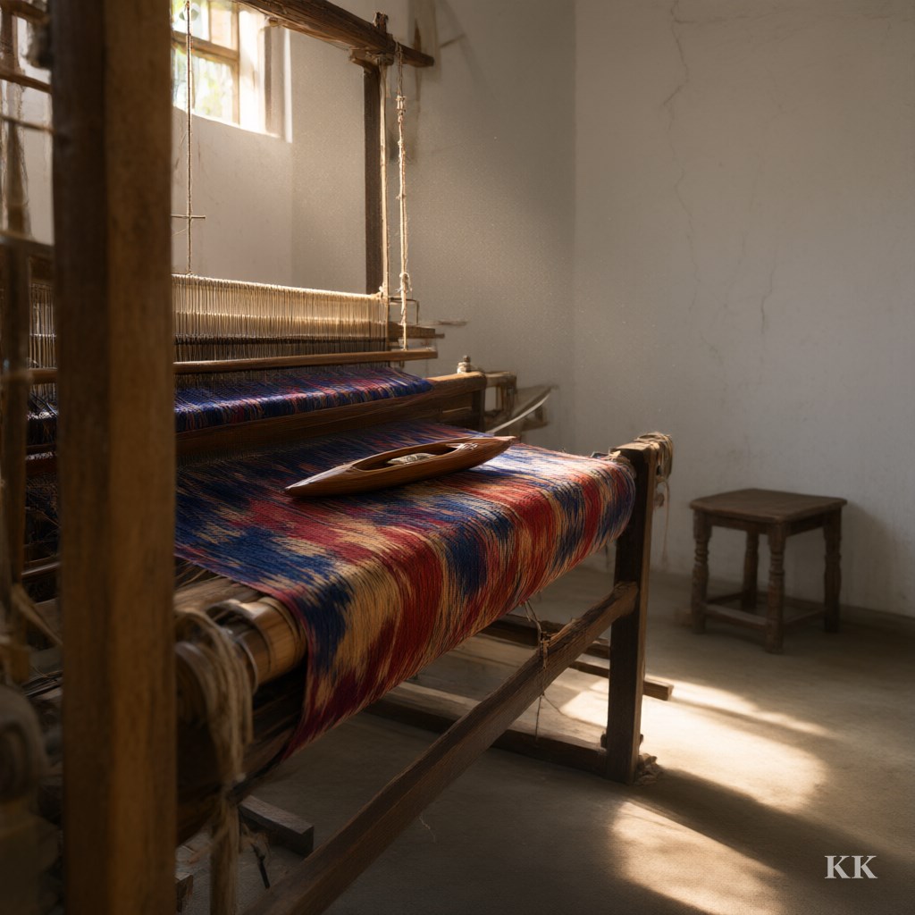 A wooden handloom in a whitewashed Indian weaving shed in morning light, an ikat warp stretched tight with its blurred pattern already dyed into the threads, one of the Indian handloom fabrics US brands can source. No people, no text.