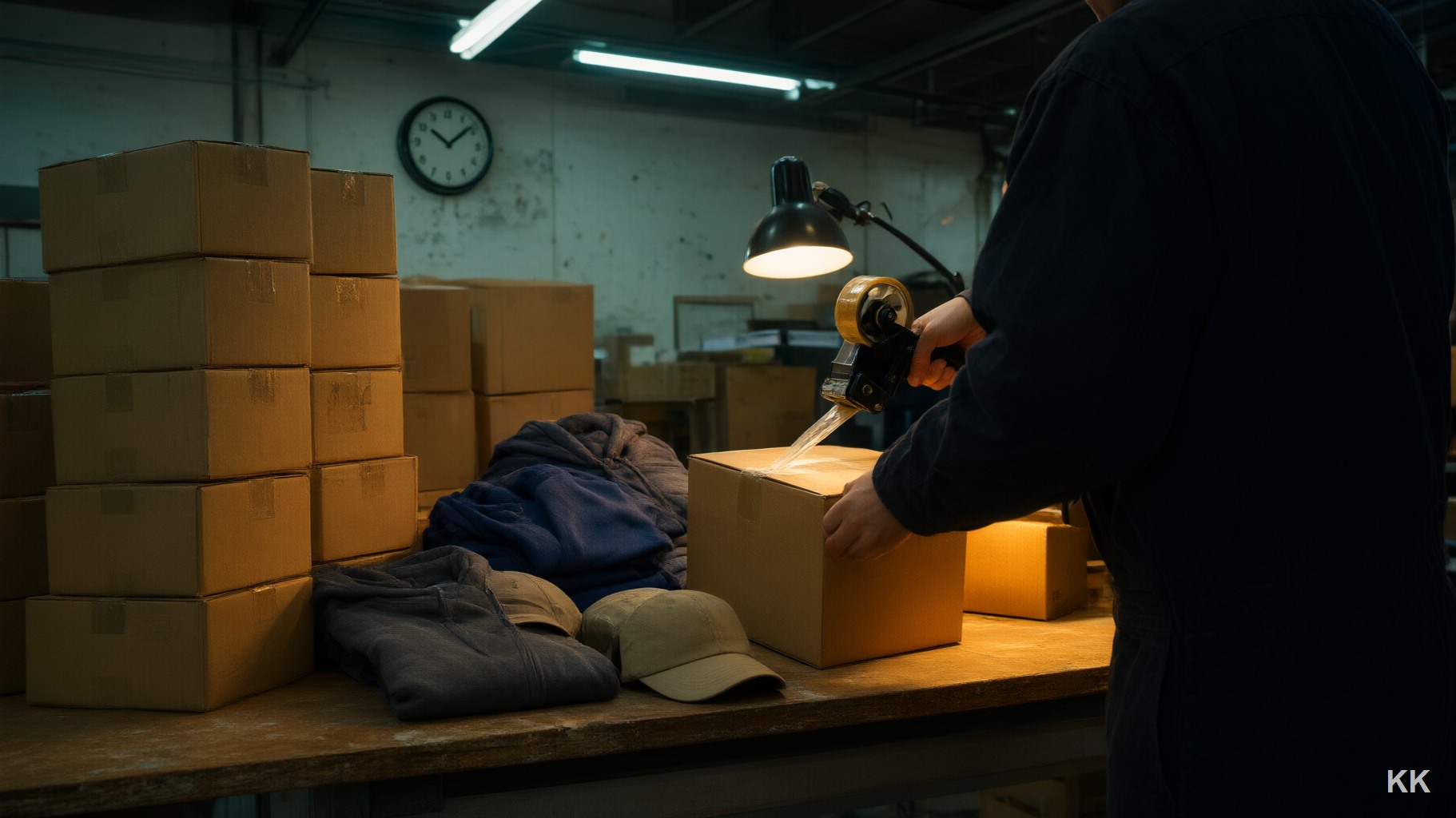A small warehouse packing station late at night: a short stack of identical plain shipping boxes ready to go, a few folded hoodies and caps staged beside an open box, a worker's back mid-motion taping a box shut. Athlete branded apparel production at drop volume, no faces, no logos.