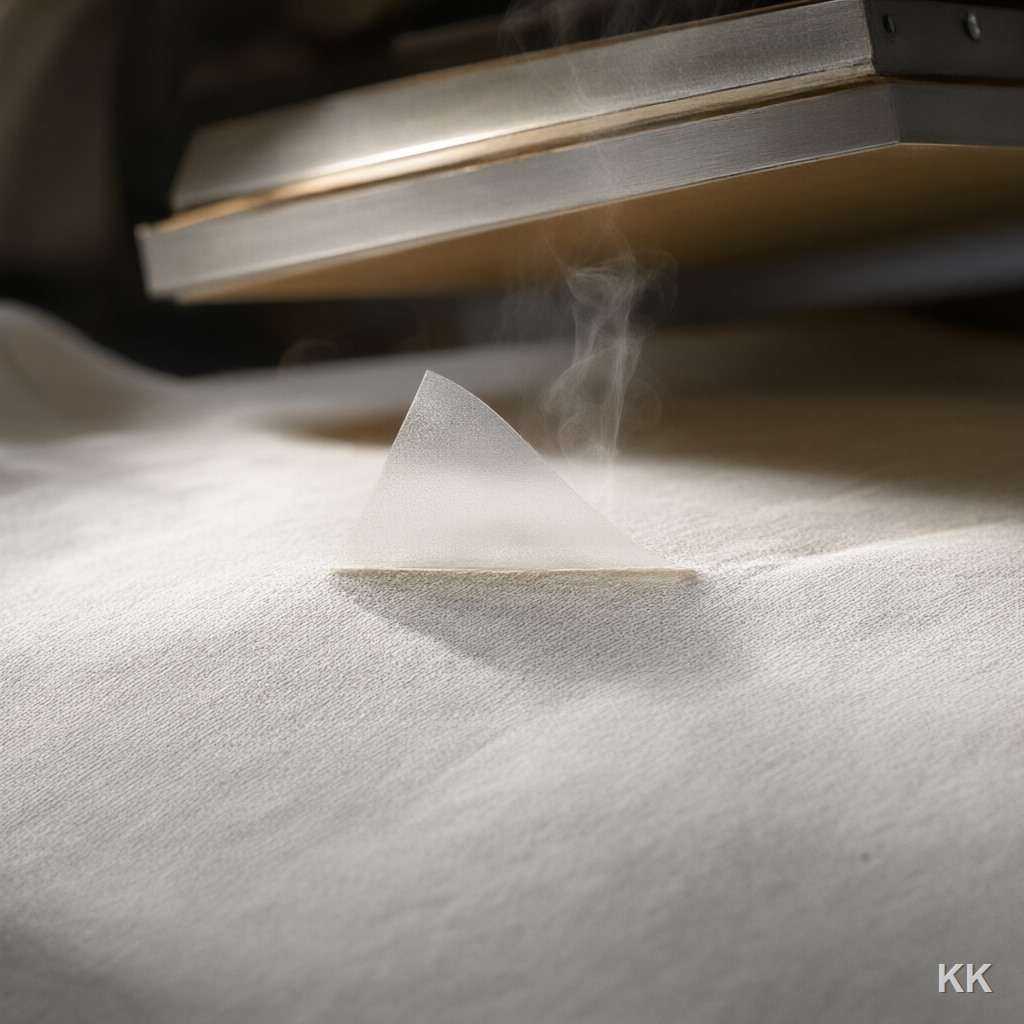 Extreme macro of a heat press lifting off a plain cotton t-shirt, a DTF transfer film peeling away from the fabric at one corner, individual threads catching raking light with a thin curl of steam. NIL clothing line production detail, no legible lettering.