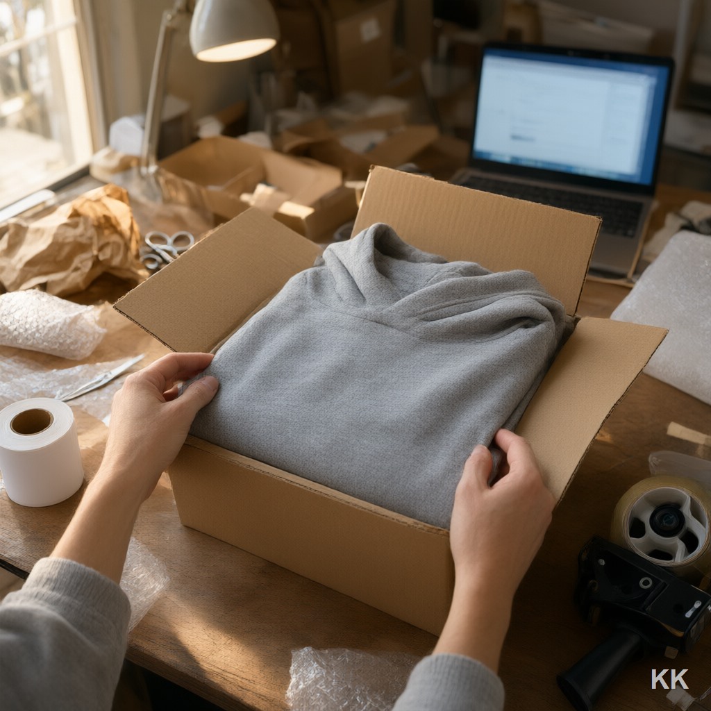 A cluttered small-business fulfillment desk: two hands folding a plain heather-grey hoodie into a shipping box, a roll of shipping labels and a tape gun at the edge of frame, an order screen glowing softly out of focus behind. College athlete apparel brand fulfillment, no face, no logos.
