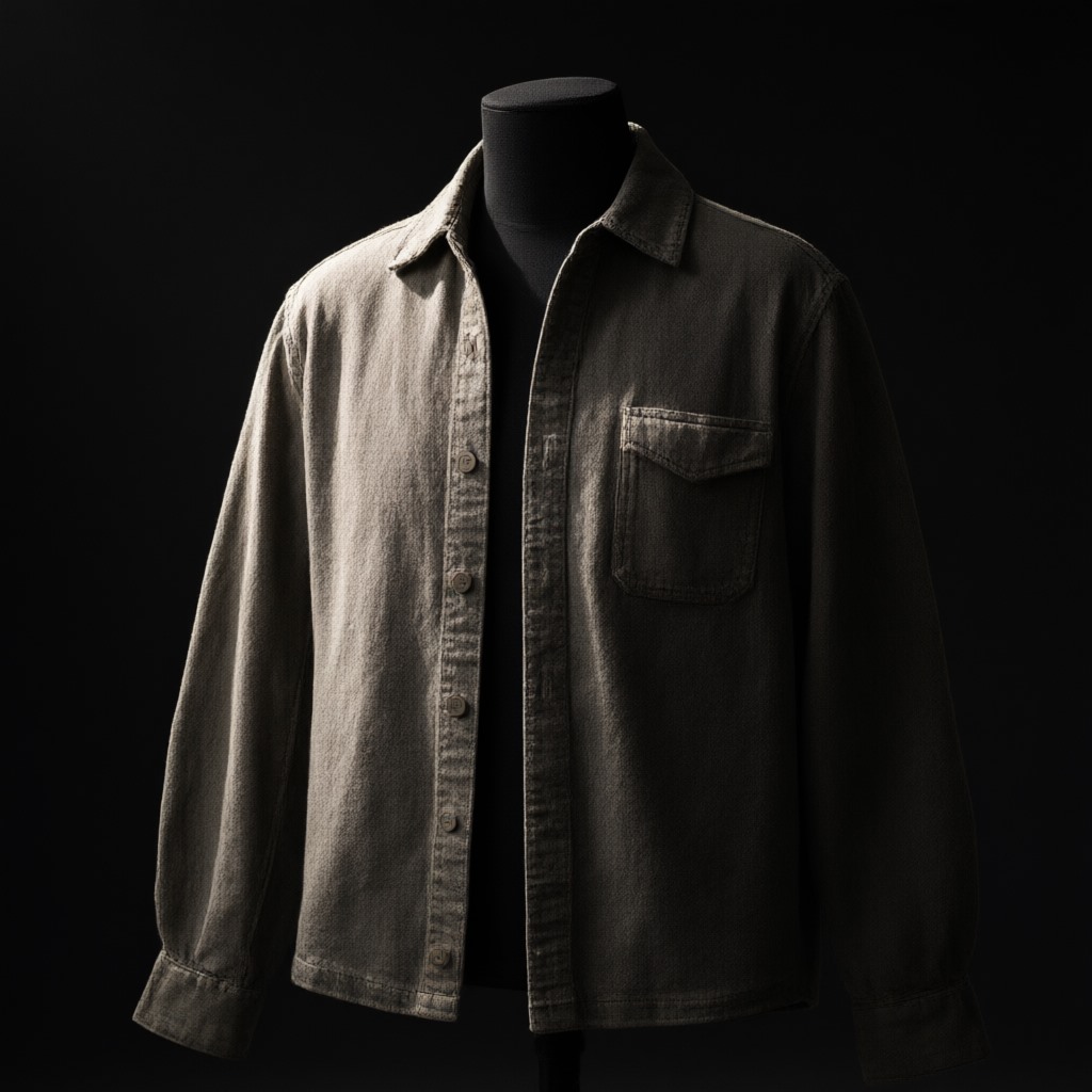 A single plain unbranded heavyweight cotton overshirt on a matte black tailor's form against a near-black ground, lit by one hard directional light that carves out the placket, chest pocket and shoulder seam — the production-quality sample a wholesale buyer will handle at a trade show. No lettering, no labels, no logos.