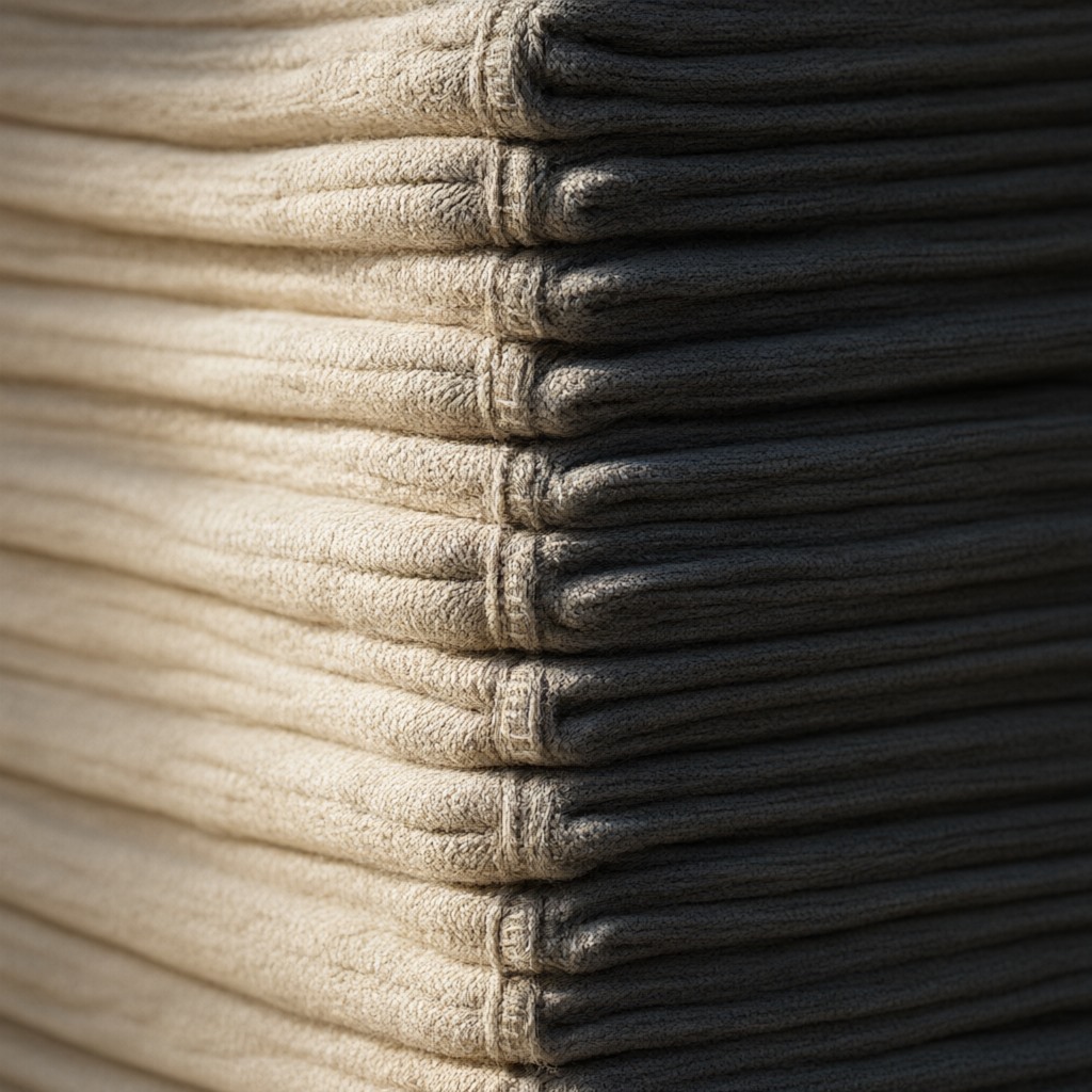 Extreme macro along the edge of a stack of identically folded plain jersey garments, the same shoulder seam repeating down the pile in perfect registration — the consistency a wholesale buyer is actually purchasing across a production run. Raking side light, visible knit texture, no labels, no printing, no logos.