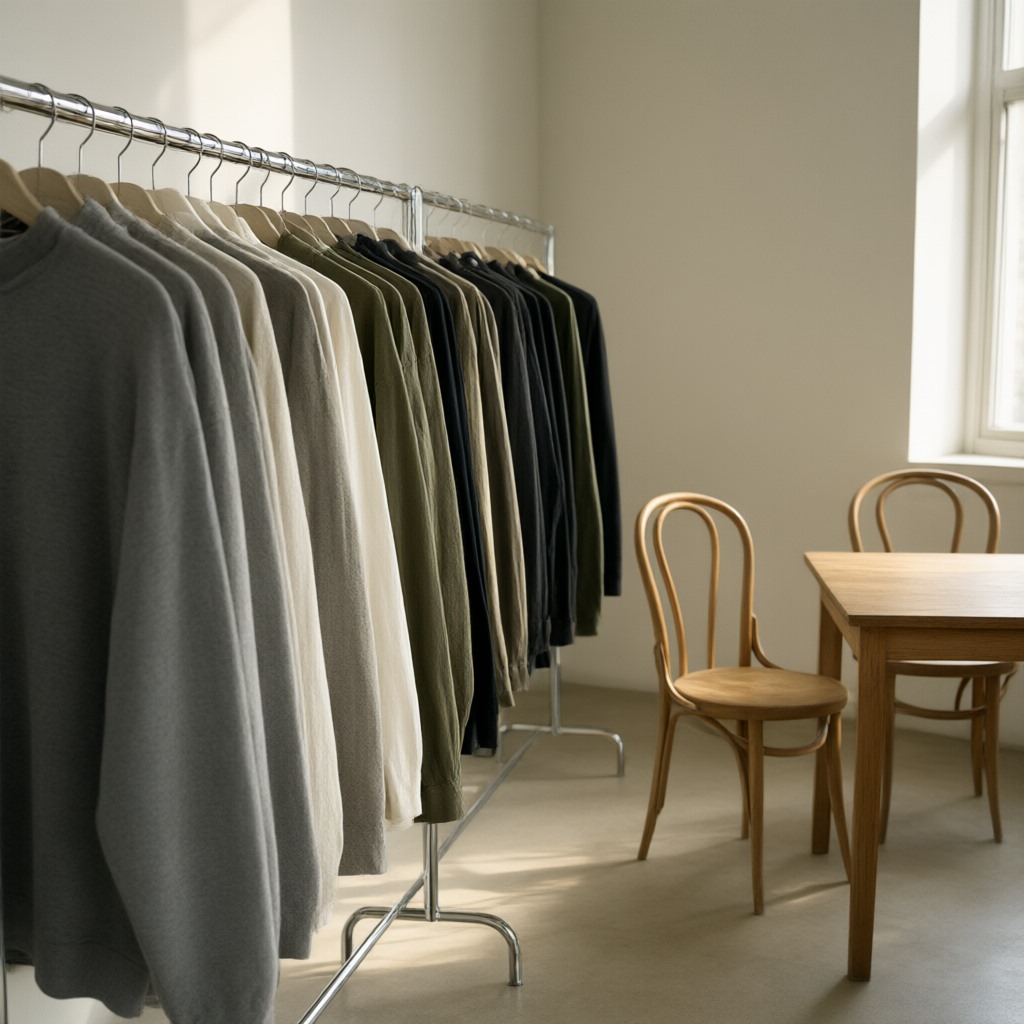 A quiet wholesale showroom in morning window light before an appointment begins — a long chrome rail of plain unbranded garments in stone, ecru, olive and charcoal facing two empty bentwood chairs at a bare wooden table, the room where a clothing brand meets its wholesale buyers. No people, no labels, no logos.