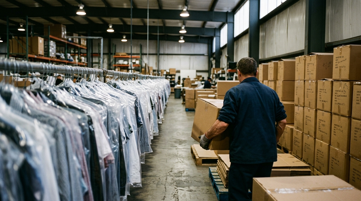 A garment export packing floor late in the shift — a long rail of poly-bagged finished shirts receding into the depth of the room, stacked brown export cartons banked along the right wall, one worker's back and forearms mid-frame lifting a carton. High-bay light mixed with daylight from clerestory windows. No faces, no brand marks, carton markings soft and unreadable.
