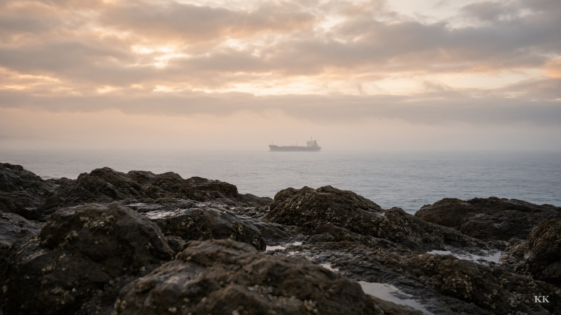 A single cargo ship far out on a calm grey-blue ocean at dawn, seen past dark wet rocks through sea mist: the last leg of sourcing Indian textiles for a US clothing brand. No people, no text.