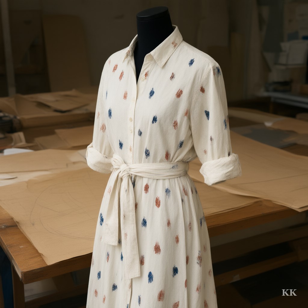 A finished off-white midi shirt-dress hand block-printed with small rust and indigo motifs, belted, on a black dress form in a sampling room with brown paper patterns on the cutting table behind: Indian textiles turned into a finished garment for a US brand. No people, no logos.