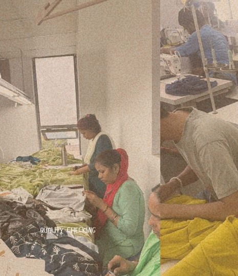 Real Krazy Kreators production floor: two checkers inspecting printed garments by hand at a long table, with machinists sewing in the background.