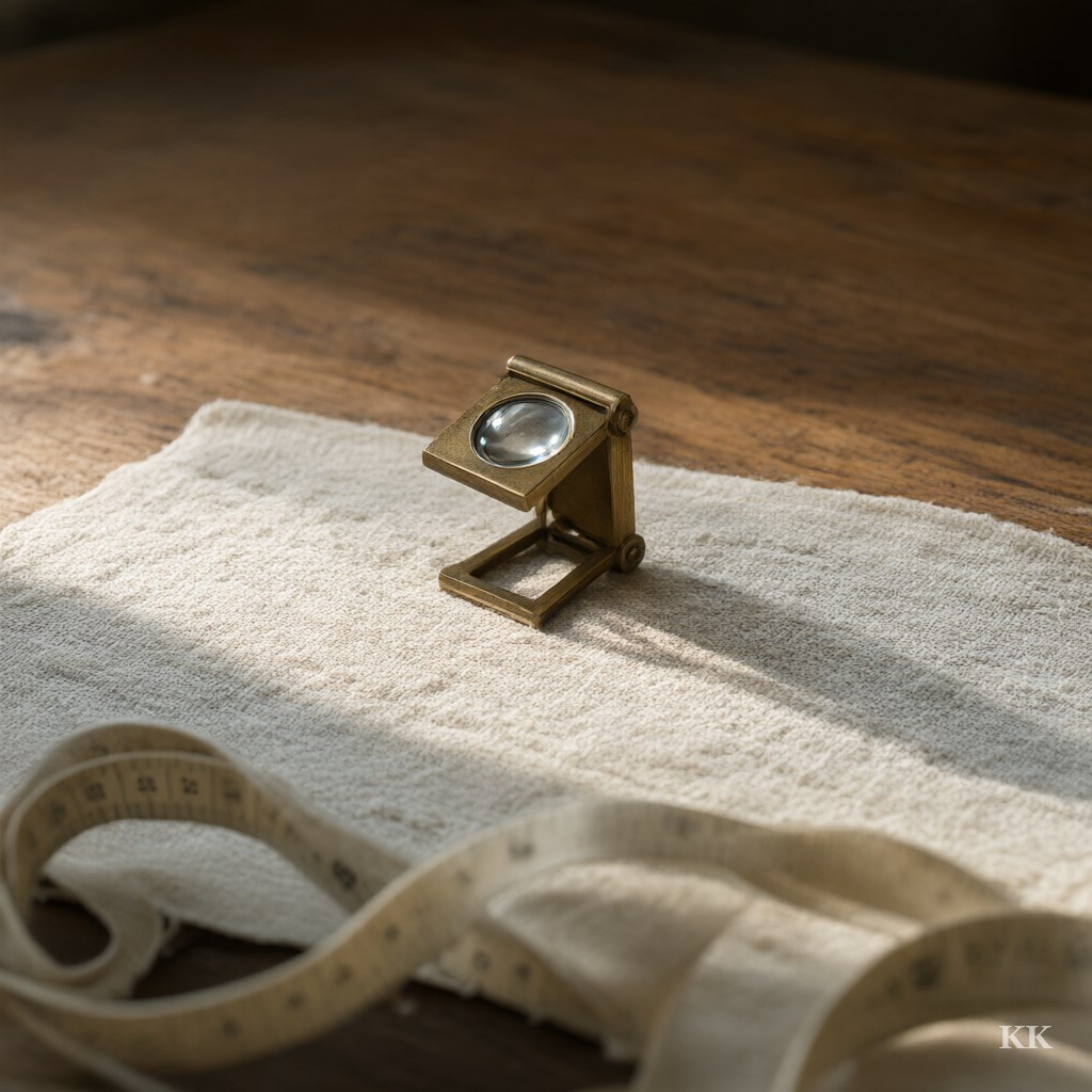 A small brass thread-counter magnifier standing on off-white hand-woven cotton on a teak work table in raking morning light, a measuring tape in the foreground: checking Indian fabric against a written spec before sourcing. No people, no text.
