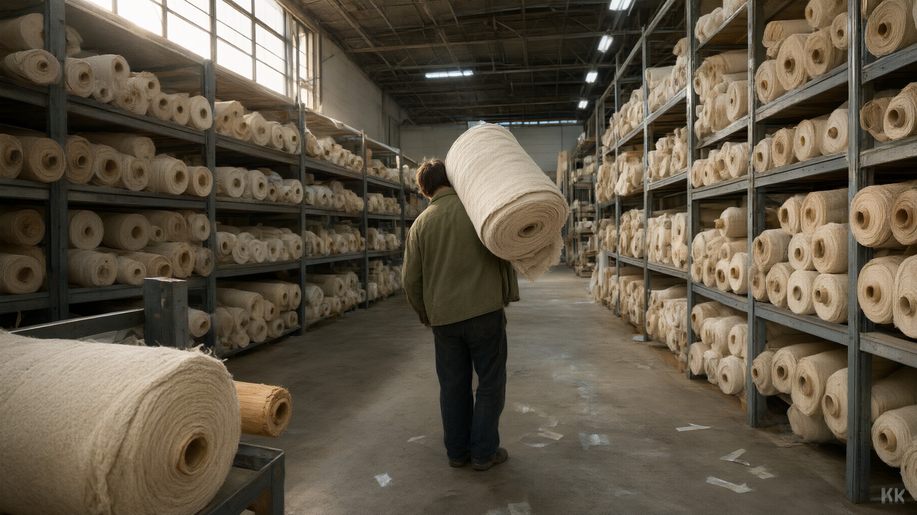 Sustainable clothing manufacturing: a long open-sided fabric roll store at the end of the day, undyed natural cloth wound on wooden cores stacked to the ceiling, a worker's back walking the aisle with a roll on one shoulder under raking daylight from a clerestory window.