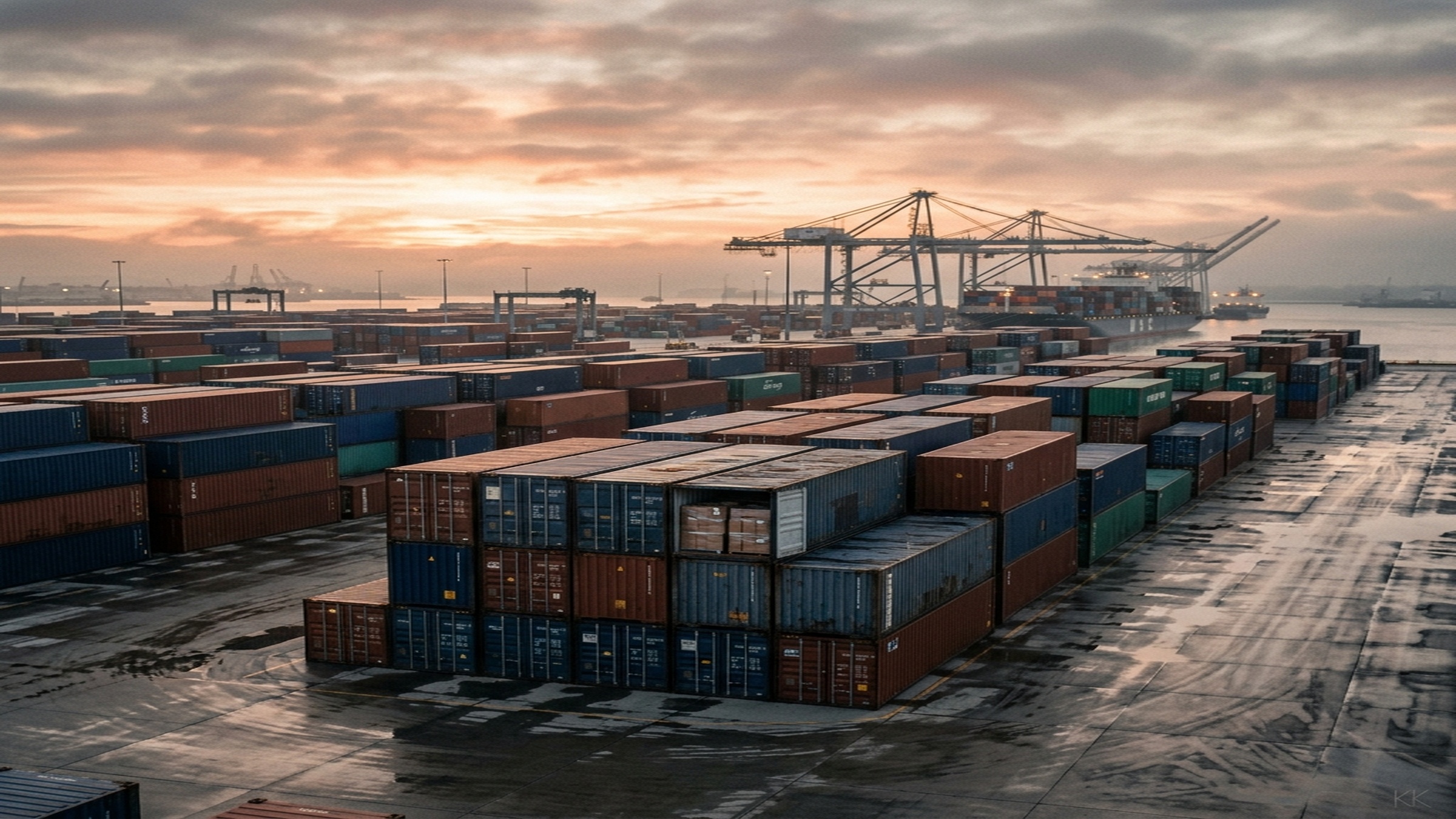 A US port container terminal at dawn — stacked apparel shipping containers in muted indigo and rust, one container ajar revealing poly-wrapped cartons, long raking golden-hour shadows on wet concrete. No people, no readable logos or text.