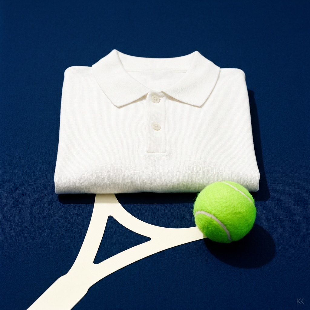 A playful graphic editorial still: a single crisp white knit polo folded on a bold navy seamless background, a bright green tennis ball and a hard-edged cream shadow shape for graphic contrast, bright high-key studio light. Generic unbranded garment, no logos, no faces.