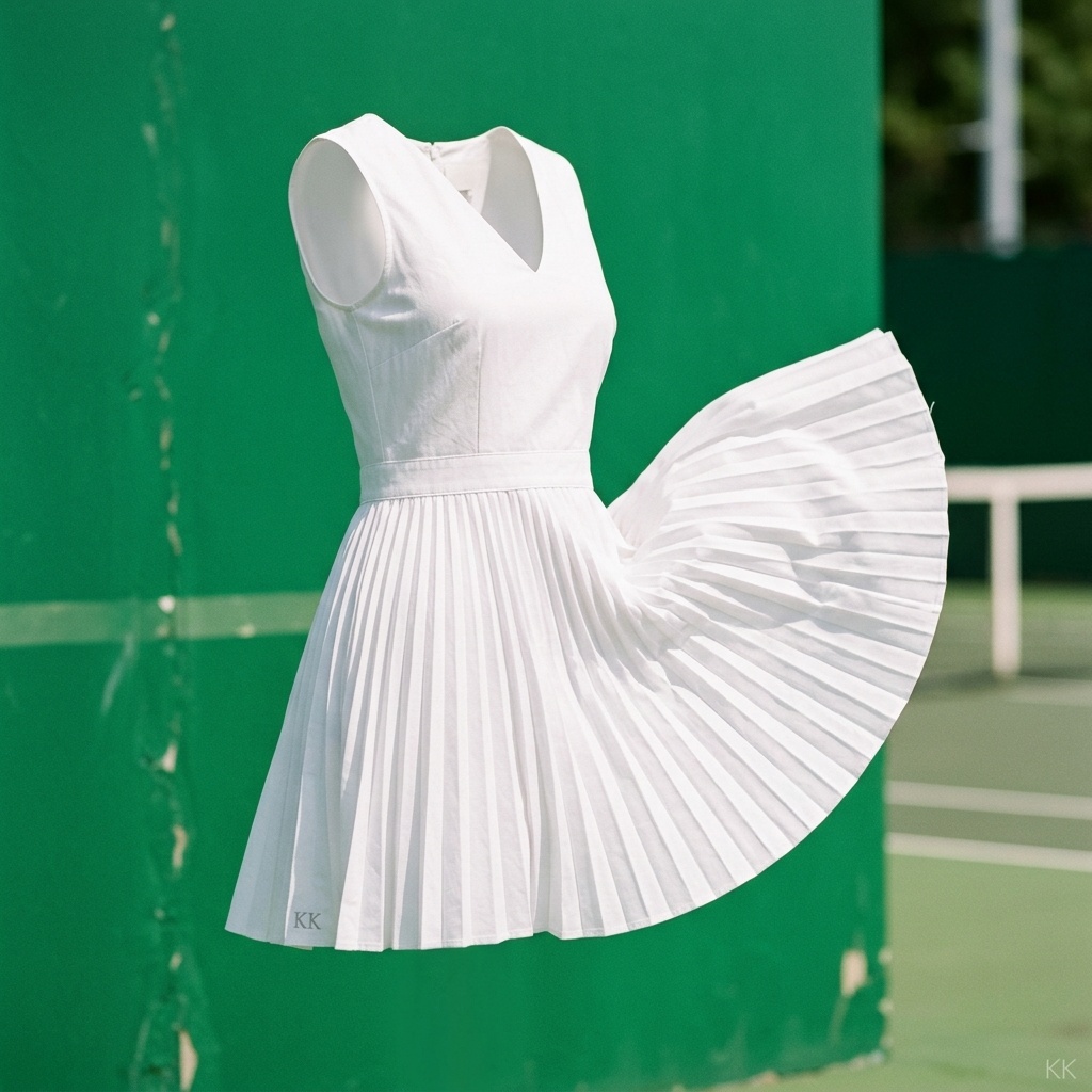 A single pleated white tennis-court dress on an invisible mannequin form, caught mid-motion against a bright kelly-green backdrop — sunlit, clean whites, airy 2026 lookbook energy. No logos, no faces, no readable text.
