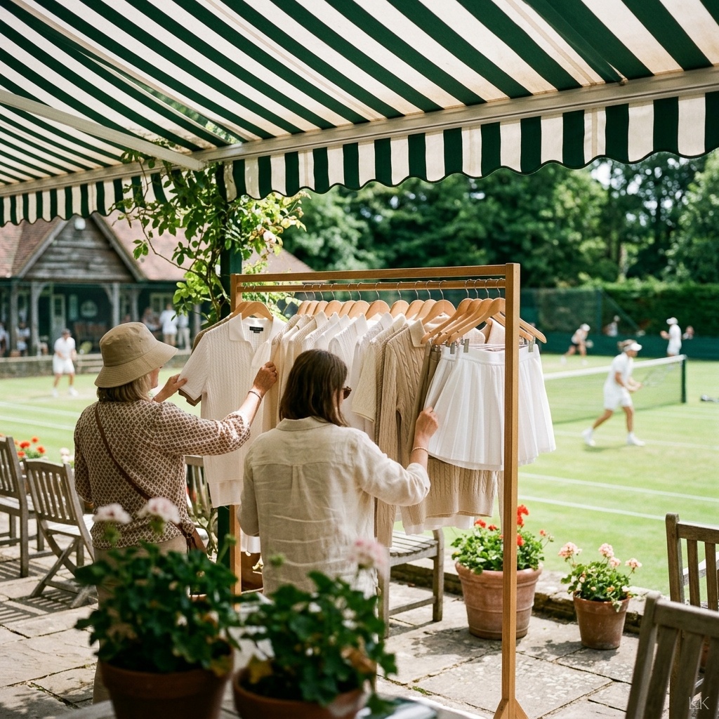 A sunlit country-club terrace beside a grass tennis court mid-afternoon: a rack of crisp white and cream knit polos and pleated skirts, people in motion browsing, dappled daylight through an awning. Bright, airy, lived-in. Faces turned away or cropped, no logos or readable text.