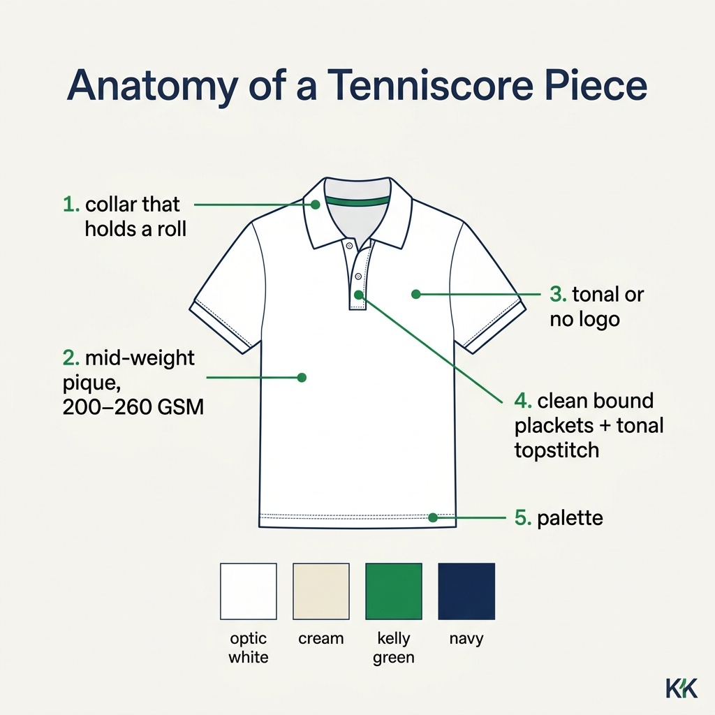 A clean, bright infographic titled 'Anatomy of a Tenniscore Piece' on an off-white background — a line-drawn white knit polo with five labeled callouts (1. collar that holds a roll; 2. mid-weight pique, 200–260 GSM; 3. tonal or no logo; 4. clean bound plackets and tonal topstitch; 5. palette: optic white, cream, kelly green, navy) plus four palette swatches. Brand navy and kelly-green accents, no photographic elements.