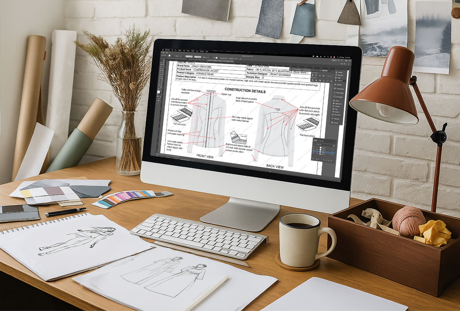 Tech pack for fashion production displayed on a designer's screen